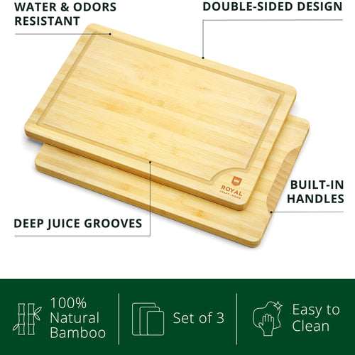 𝐋𝐮𝐱𝐮𝐫𝐲 Bamboo Cutting Board for Kitchen - Chopping Board w/Juice Groove & Easy Grip Handle - Organic Wooden Cutting Boards for Meat, Cheese, Fruits & Vegetables (Set of 3)